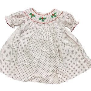 Boutique Girls 18 Month Christmas Smocked Holly Dress White Red Polkadot NEW